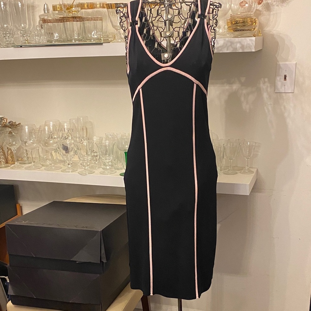 Black Midi Dress with Pink Trim — Sleek V-Neck Ponte Dress